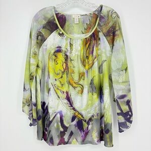 Chico's Embellished Colorful Watercolor Scoop Neck 3/4 Sleeve Blouse 12